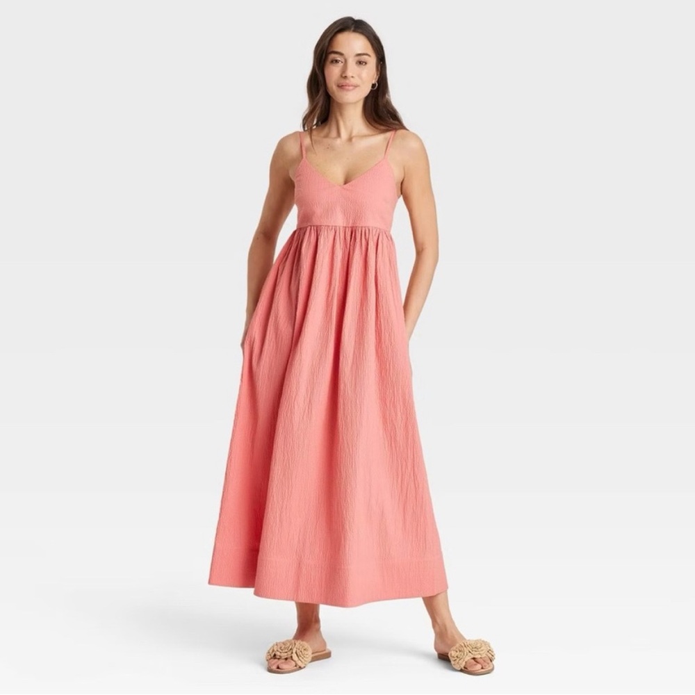 Seersucker Women's Coral Midi Sundress with Adjustable Spaghetti Straps